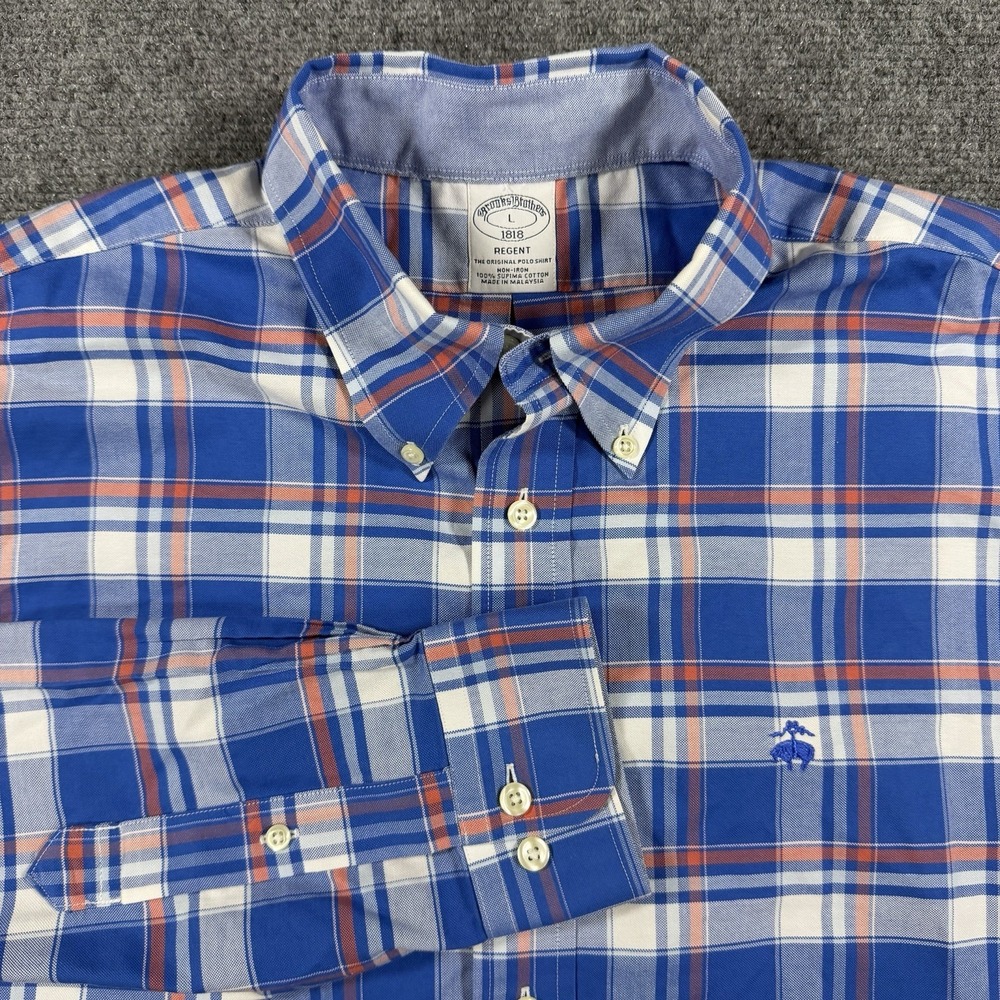 Brooks Brothers Shirt Men Large Blue Plaid Oxford Button Down Logo Regent Supima